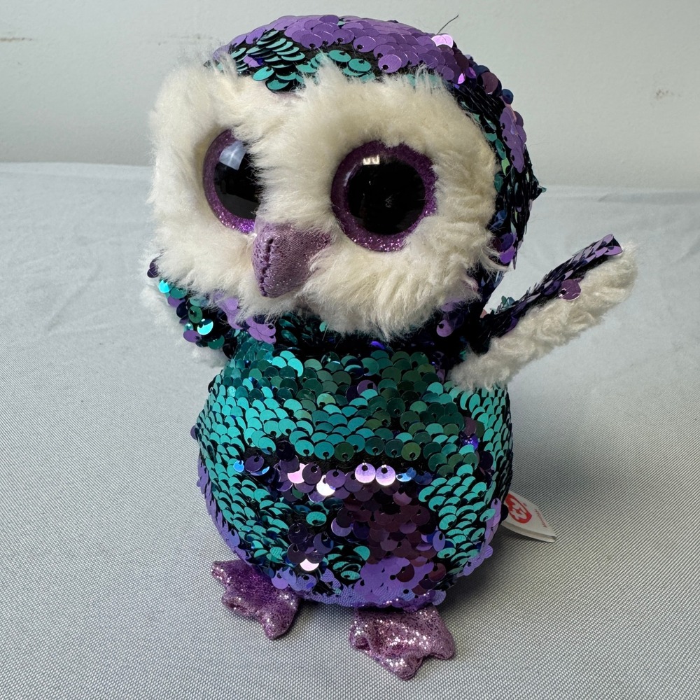Ty Beanie Boo Moonlight Owl Flippable Sequin Purple Teal Plush 2018 6 inch